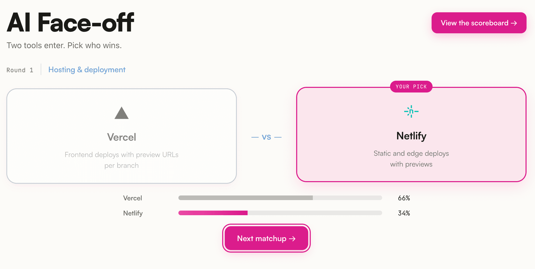 AI Face-off — a live matchup with the crowd's vote split between two tools