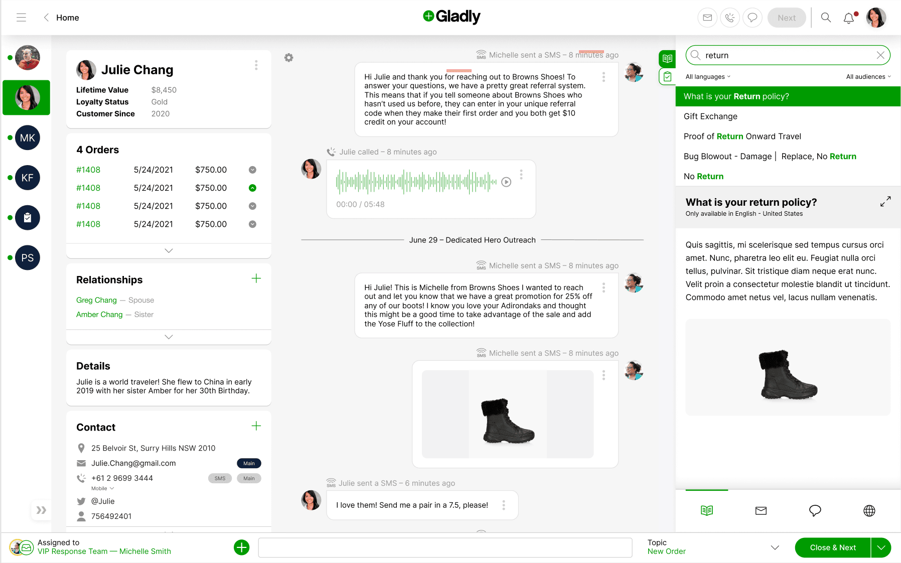 The redesigned Gladly agent workspace with customer, conversation, and answers zones visible at once