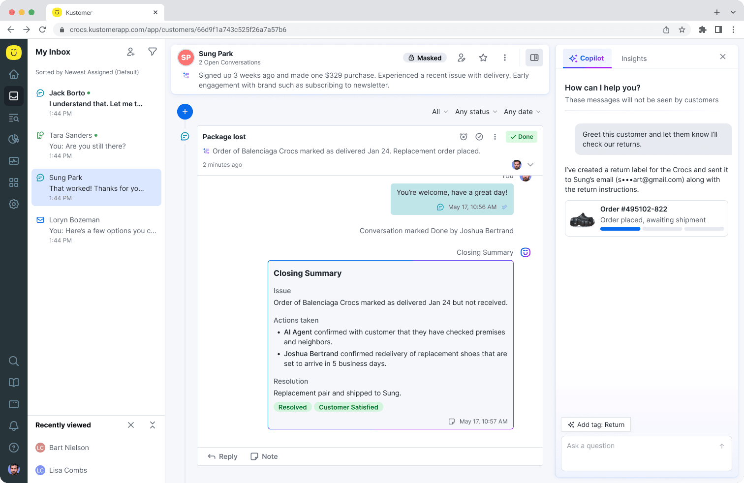 Kustomer AI copilot showing an assigned conversation with AI-generated summary and suggested actions