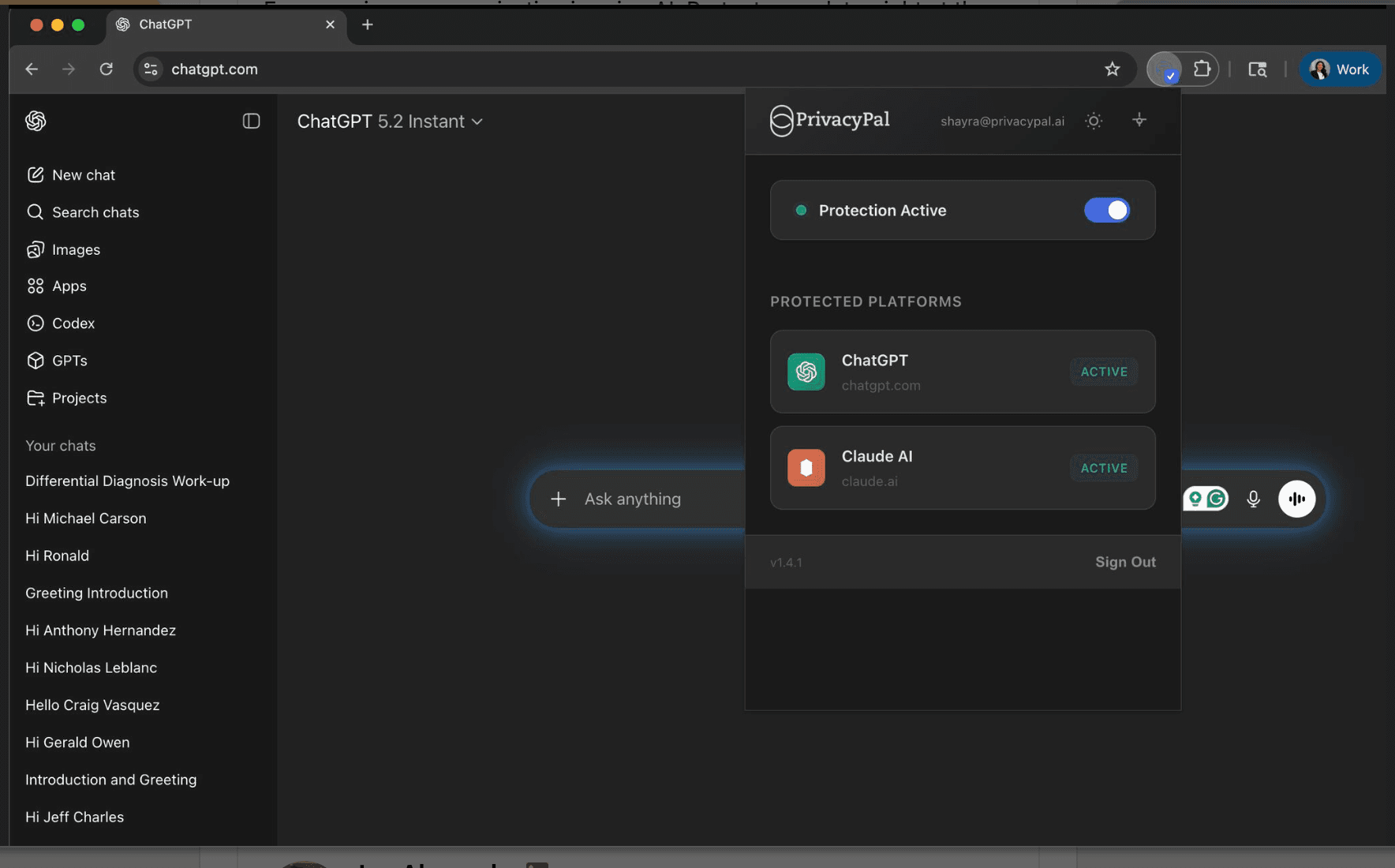 PrivacyPal browser extension active on ChatGPT showing Protection Active toggle with ChatGPT and Claude AI listed as protected platforms