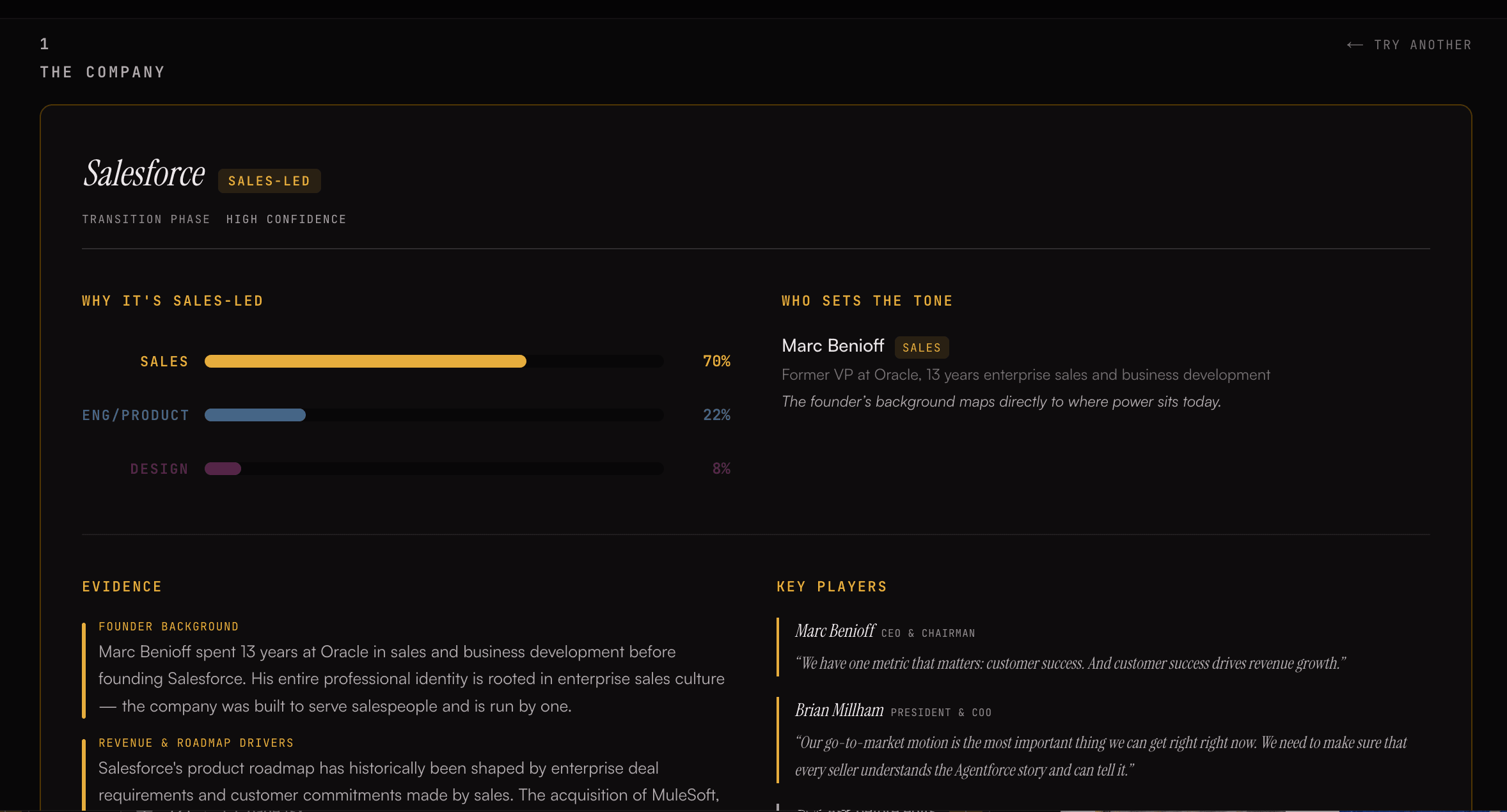 Career Decoder showing Salesforce analysis — sales-led classification with founder background, evidence, and key players