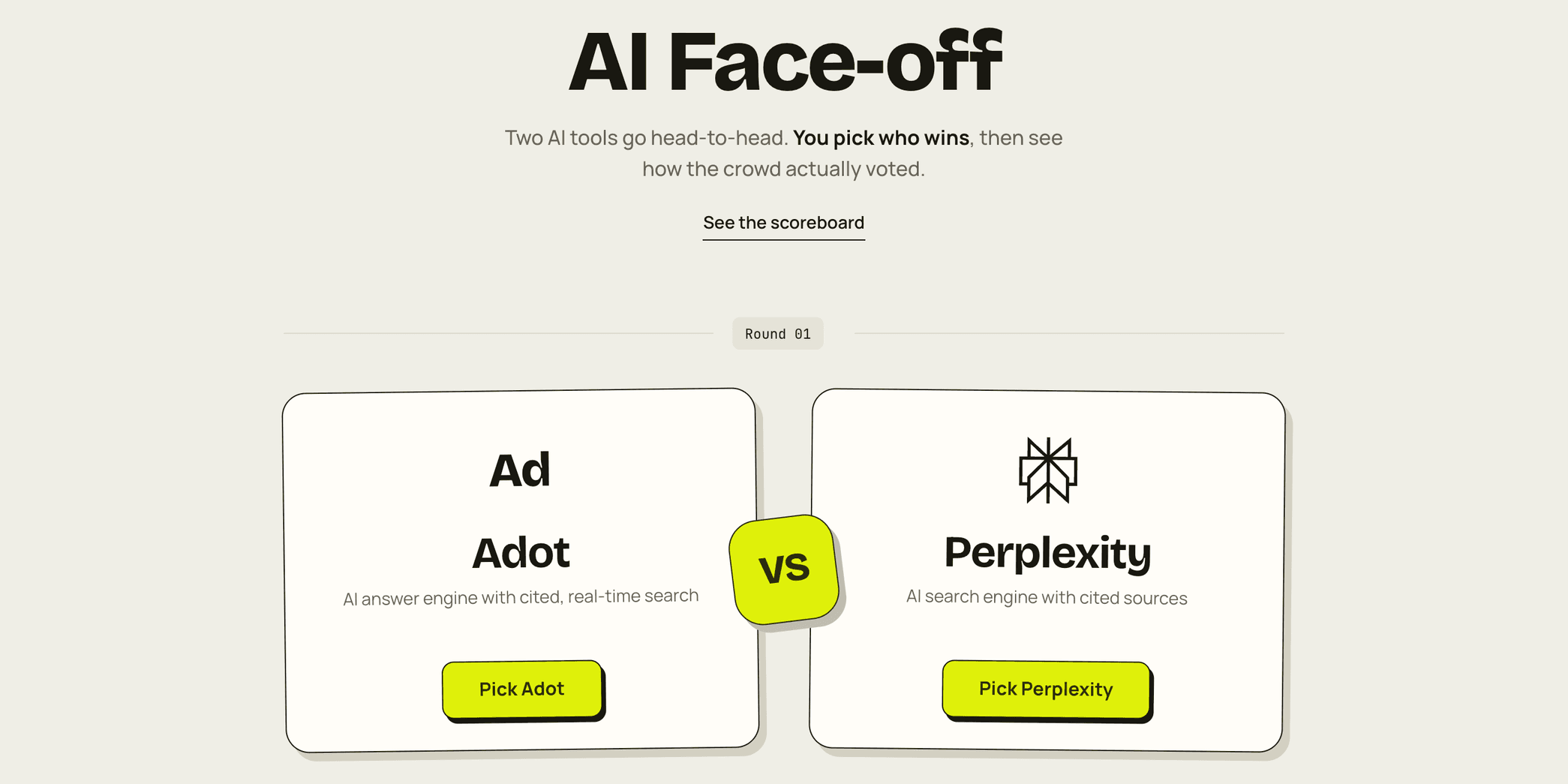 AI Face-off — a live matchup with the crowd's vote split between two tools