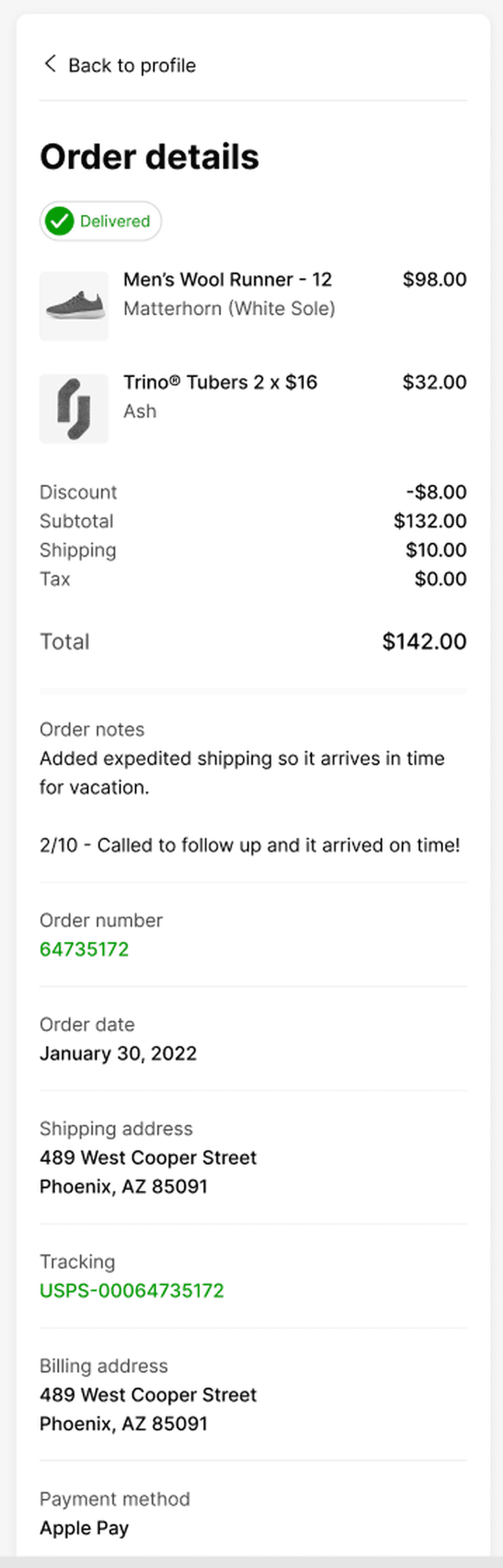 Order details for a delivered order: products with thumbnails, price breakdown, notes, order number, dates, shipping and billing addresses, tracking, payment method