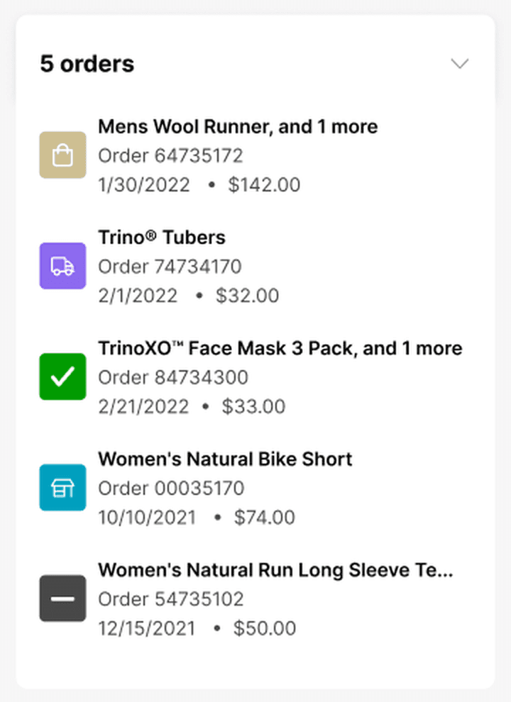 Order list card: five orders, each led by the product name with the order number and date beneath