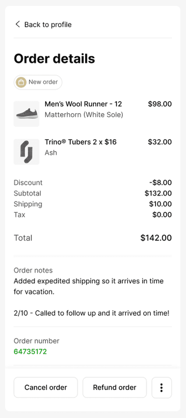 Order details for a new order: products, price breakdown, notes, order number, and Cancel order and Refund order actions