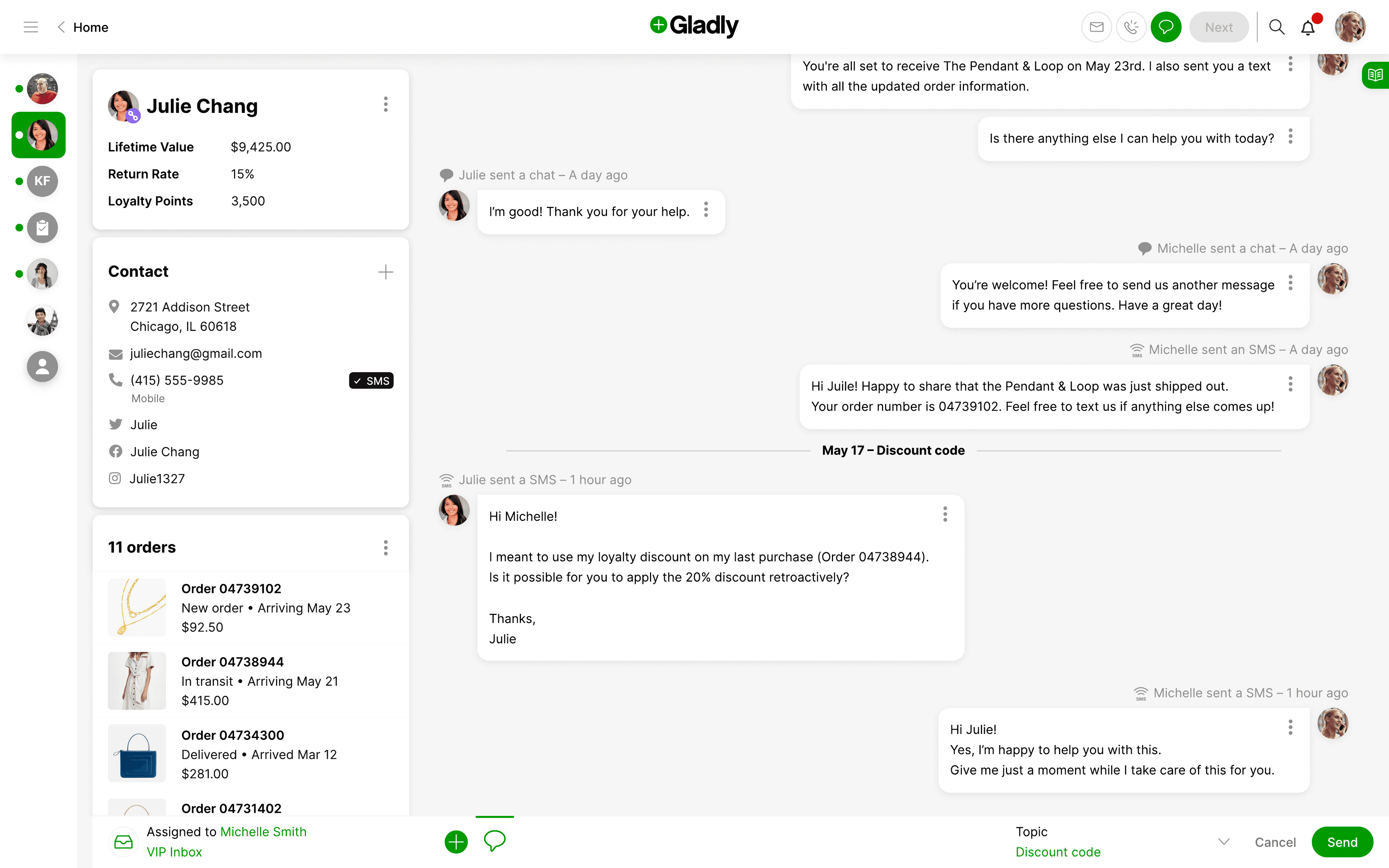The shipped Gladly workspace — customer profile with lifetime value, contact details, and orders with product images on the left; a threaded conversation mixing chat and SMS in the center