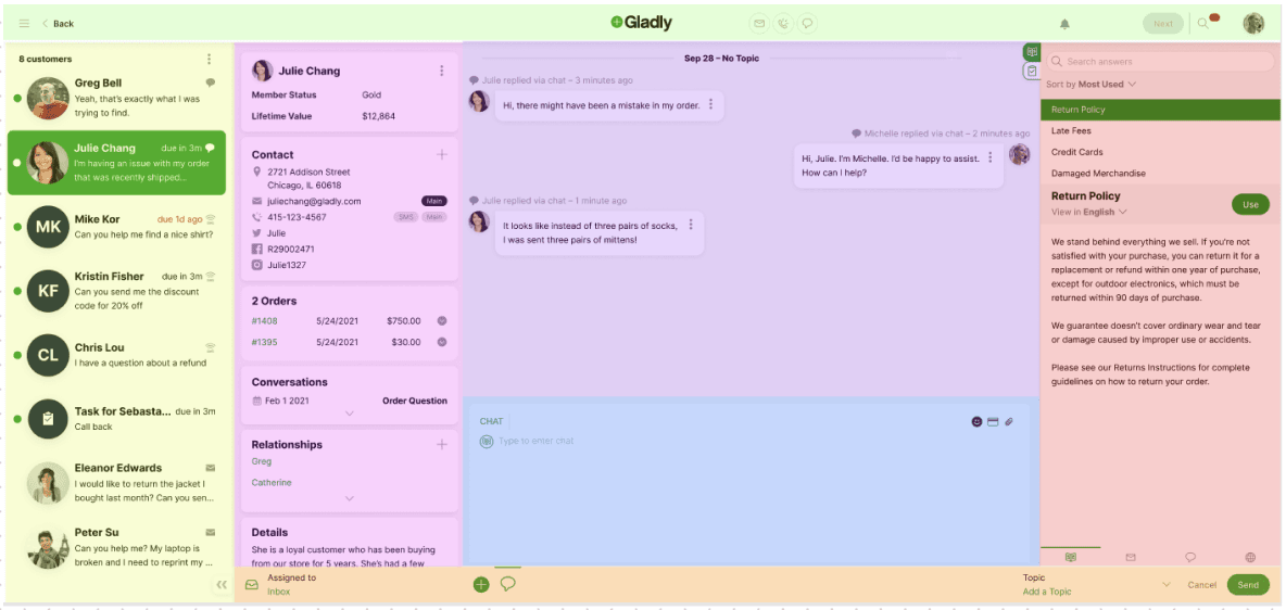 Gladly agent workspace with zones color-mapped over the live product — customer context on the left, conversation in the center, answers on the right