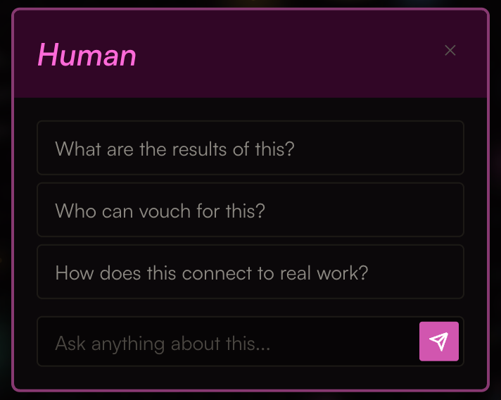 The Ask box open on the homepage word Human, with starter questions and an ask-anything input
